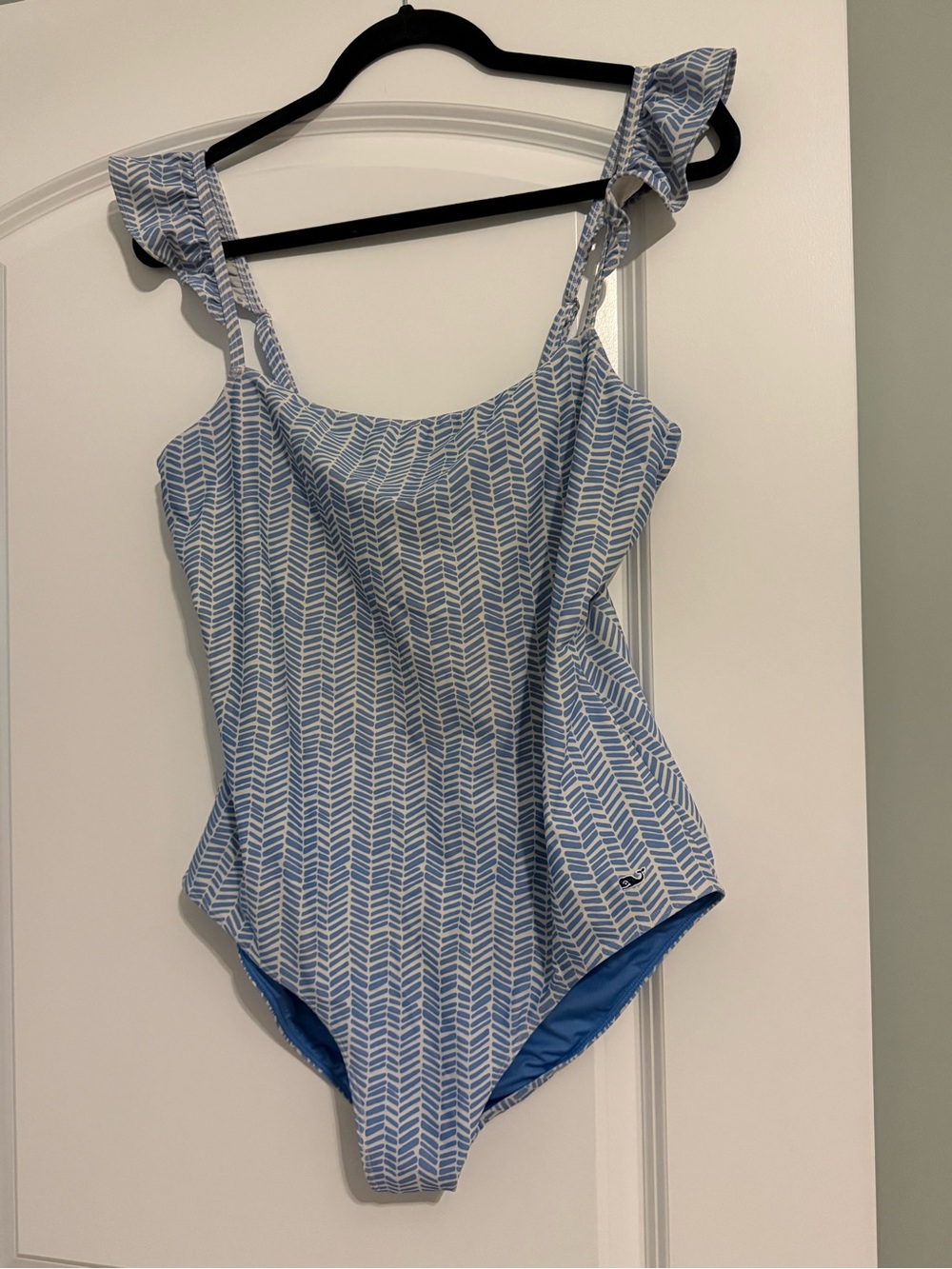 Vineyard Vines Blue-and-White Herringbone Ruffle-Strap One-Piece Swimsuit